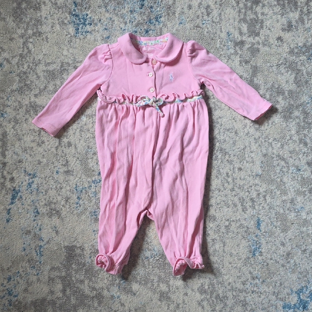 🥳 5 for $25 BUNDLE Ralph Lauren 6 Months Pink Tie Waist Ruffle Sleeve Romper